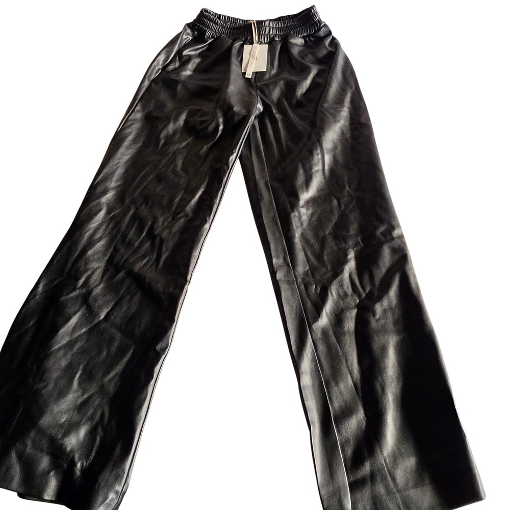 Milio-Milano Womens Black Faux Leather Wide Leg Pants Made in Italy NWT